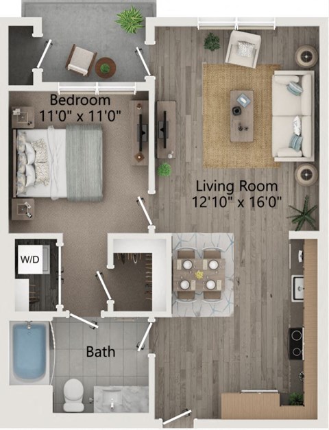 Floor plan for 1 bed, 1 bath, 716 sqft